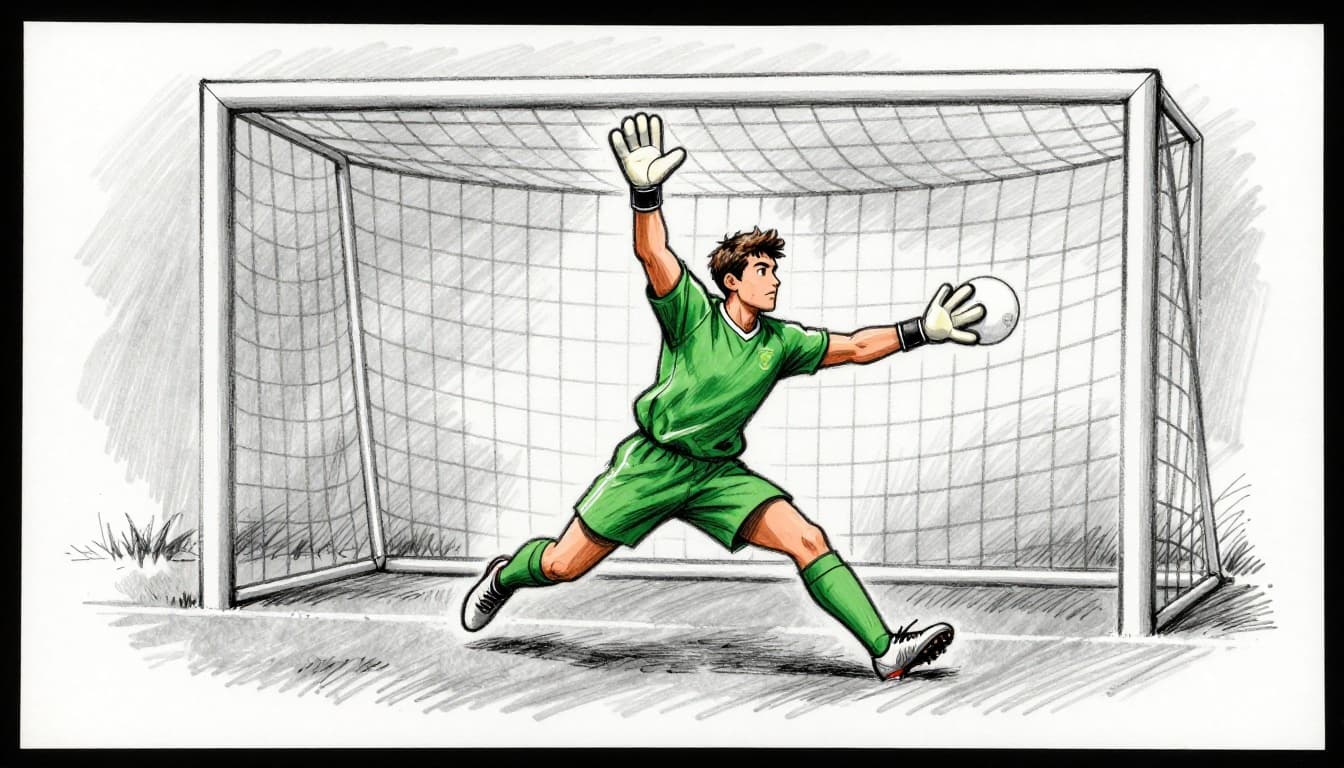 Hand-drawn sketch of a soccer goalkeeper in green jersey diving low to block a powerful shot with both hands outstretched in the penalty area near goalposts and net, side view dynamic action on clean light gray paper background.