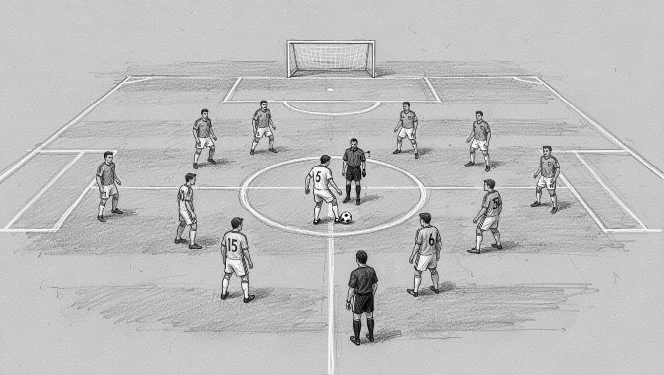 Hand-drawn graphite sketch from above of a soccer field center circle with ball ready for kick-off post-goal. Scoring player positioned over ball, opponents in own half at required distance, referee holding whistle nearby.