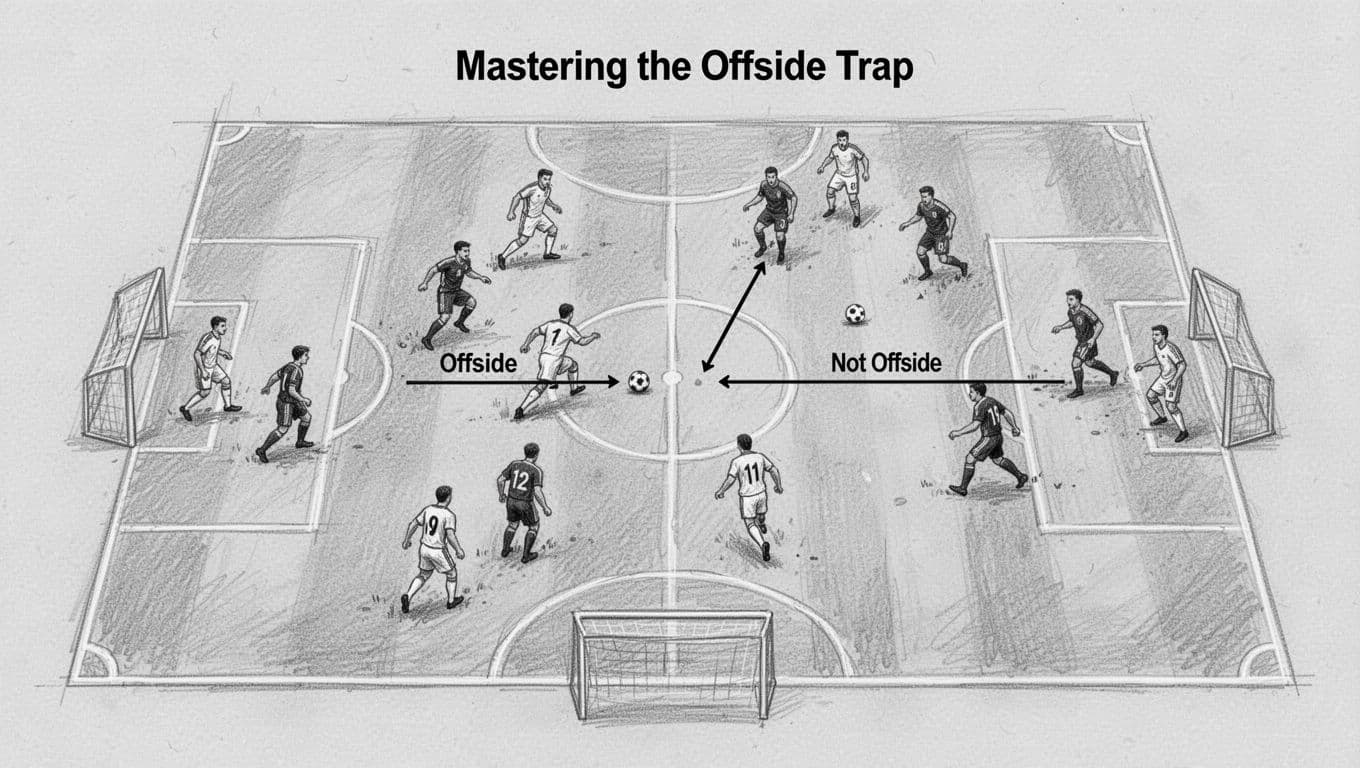 Hand-drawn graphite sketch in top-down view of a soccer field section near the penalty area, illustrating offside and non-offside positions with attackers, defenders, ball, and goal line.