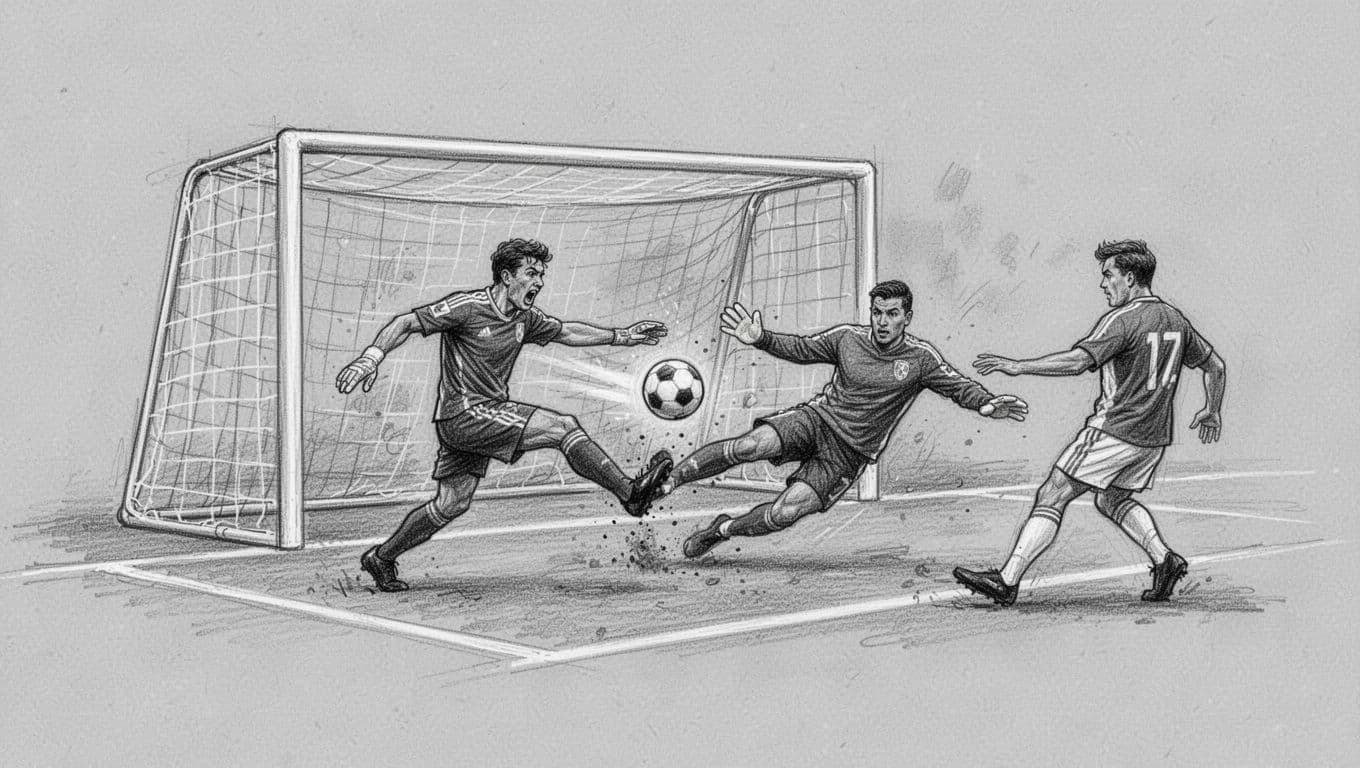 Hand-drawn graphite sketch showing a soccer defender in panic deflecting the ball with his knee into his own empty net, with the goalkeeper diving the wrong way and an attacker nearby.