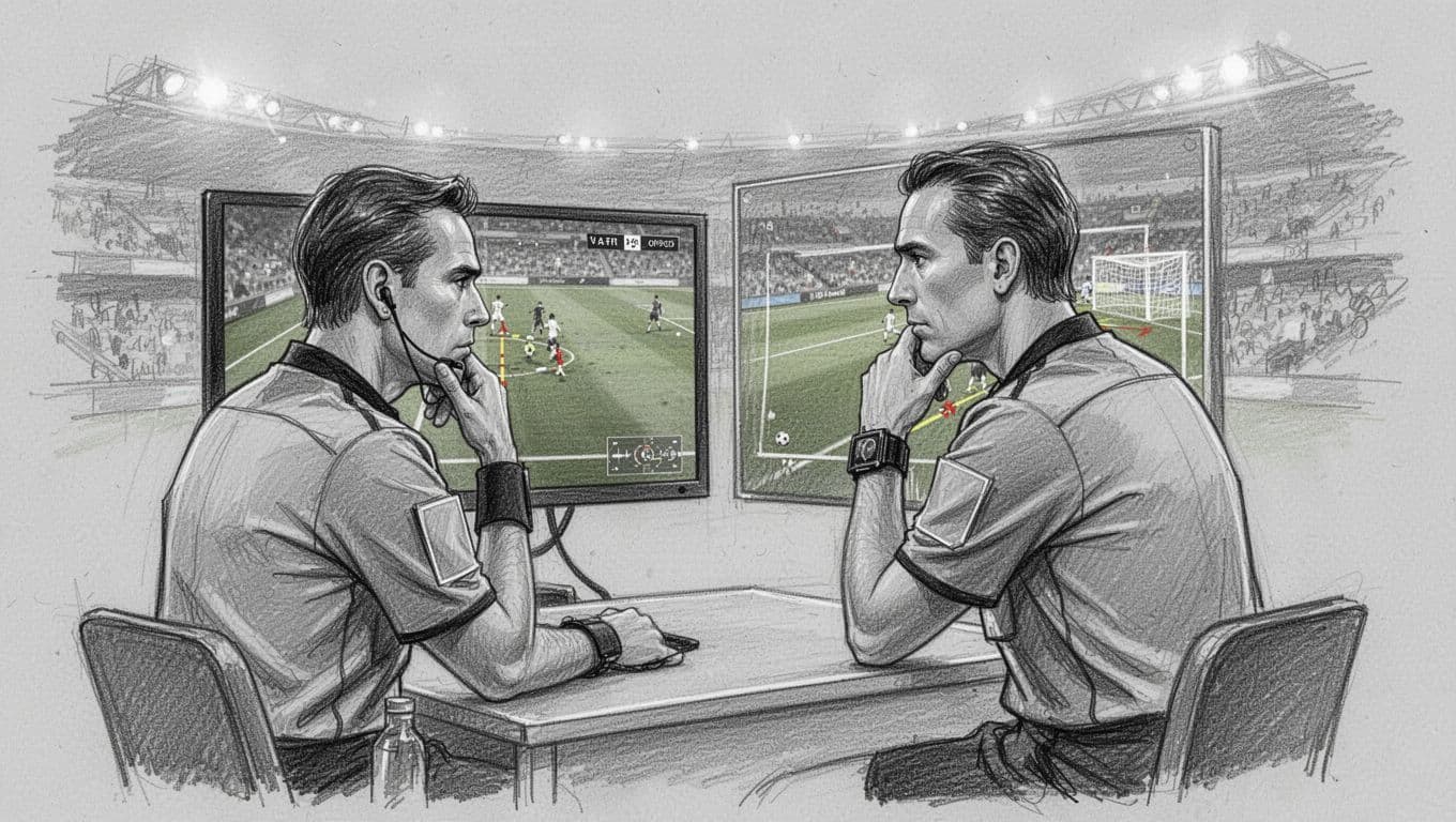 Hand-drawn graphite sketch of a soccer referee seated at a pitchside VAR monitor, intently reviewing a goal replay with hand on chin. The monitor shows a blurred soccer field with offside lines and ball near goal line on light gray paper.