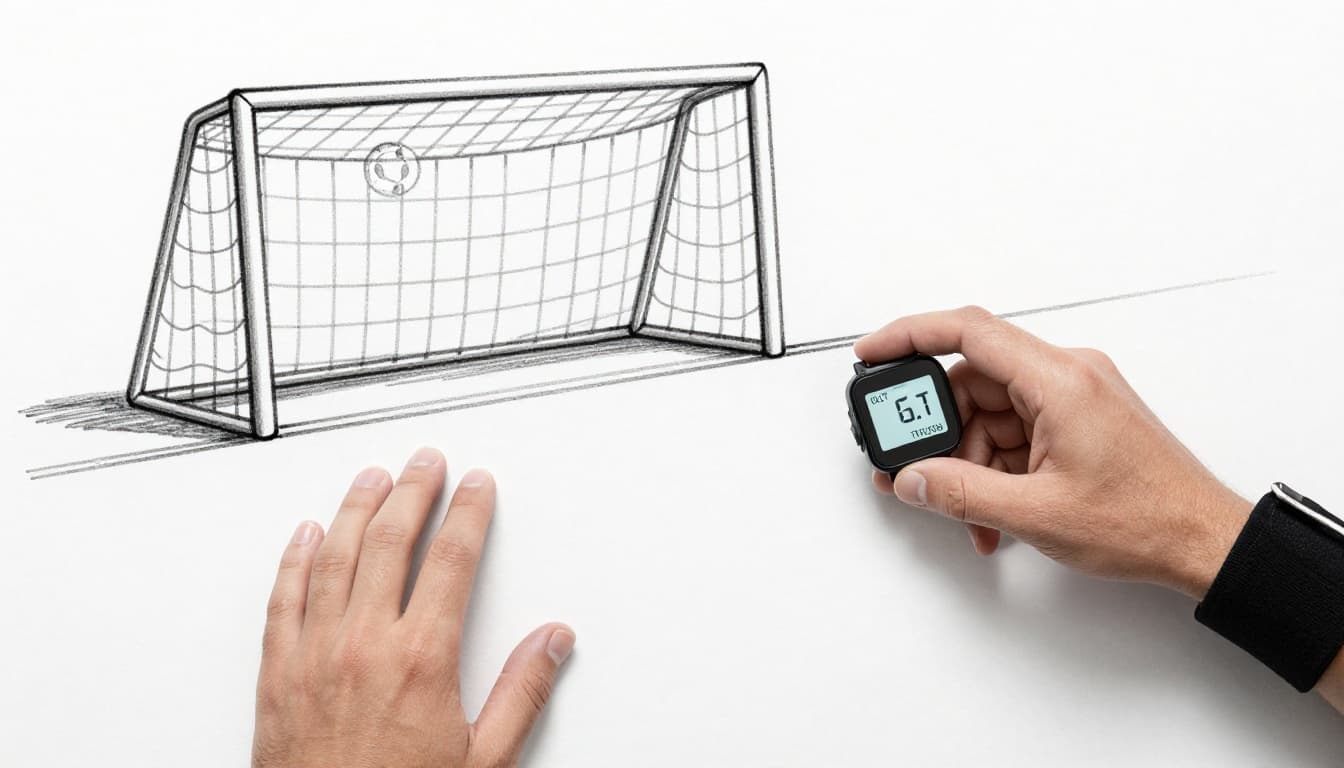 Hand-drawn sketch of a soccer referee examining his vibrating watch showing a goal-line technology decision, with a goal and ball crossing the line visible in the background. Close-up on the referee's wrist and watch, featuring graphite linework and light shading on a clean light gray paper background.