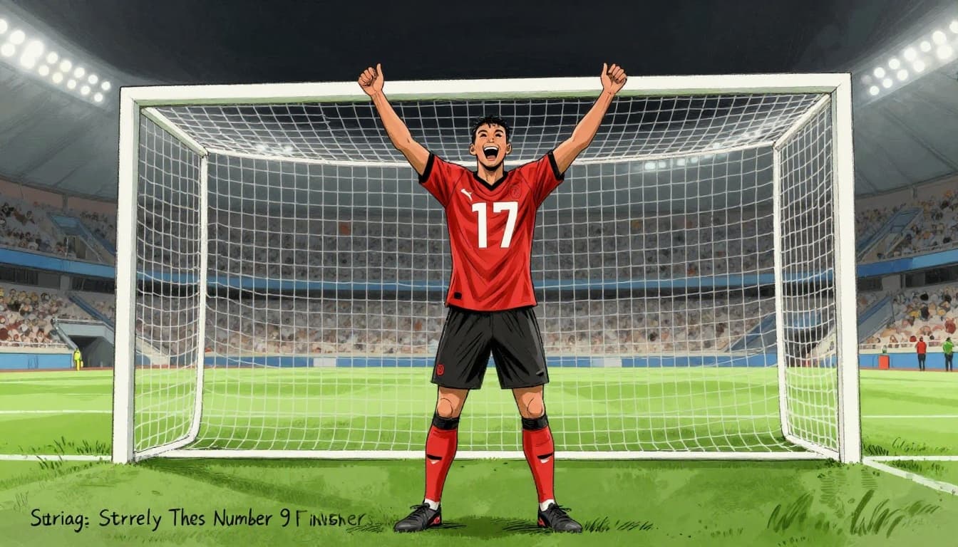 Hand-drawn sketch depicting a solo soccer striker in a joyful front-view pose with arms raised, celebrating a goal with the net bulging behind on a green field under stadium lights. Features graphite linework, light shading, and clean light gray paper background; exactly one player, no teammates, text, or logos.