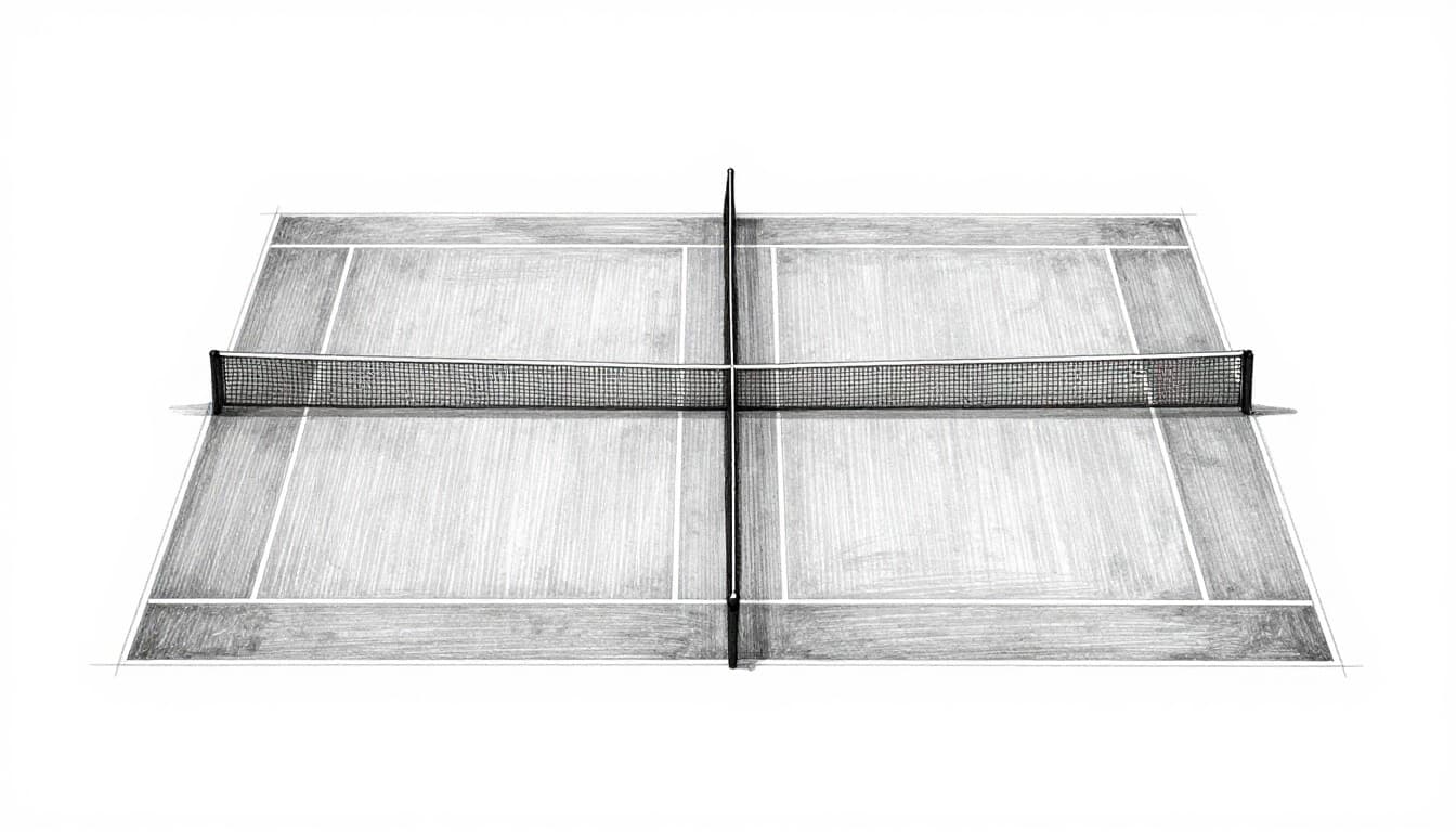 Hand-drawn graphite sketch of a standard tennis court viewed from above, marking baselines, singles and doubles sidelines, center service line, service boxes, and net. Light shading on key areas like service boxes, clean white paper background, landscape composition with no people, text, or extra elements.