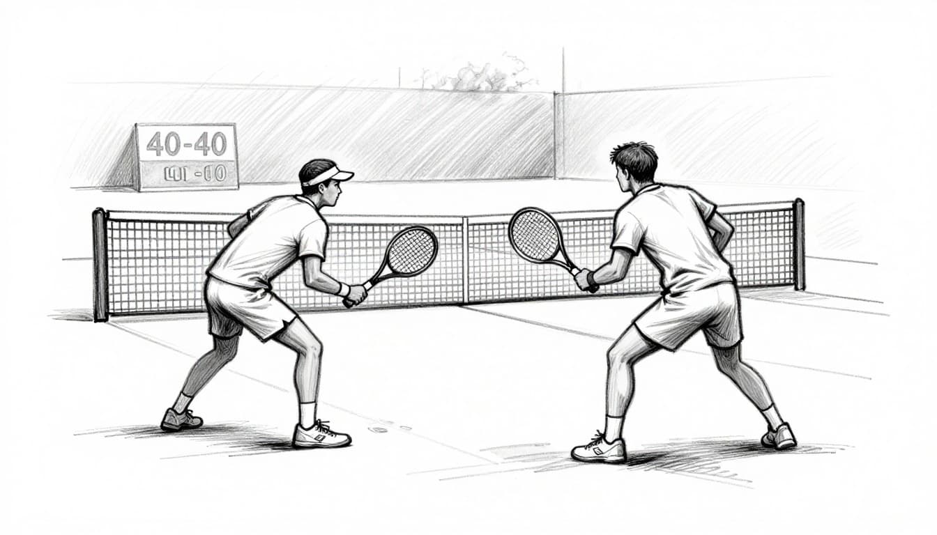 Hand-drawn graphite sketch of two players in a tense rally on court during deuce, with faint 40-40 scoreboard in the background on clean white paper.