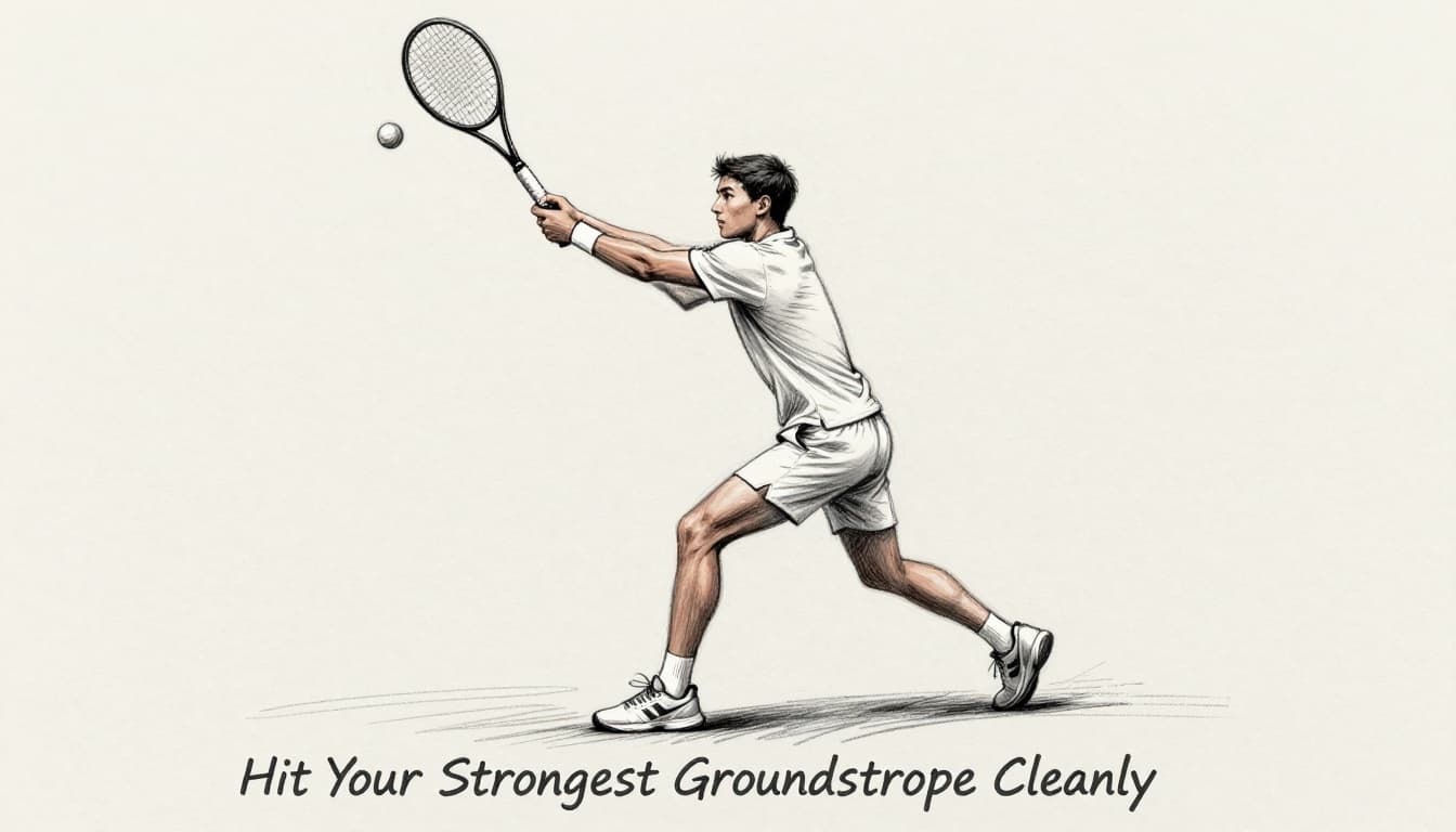 Hand-drawn sketch of a tennis player executing a forehand groundstroke from the baseline, featuring unit turn, shoulder rotation, racket contacting the ball on a low-to-high path, and a focused expression.