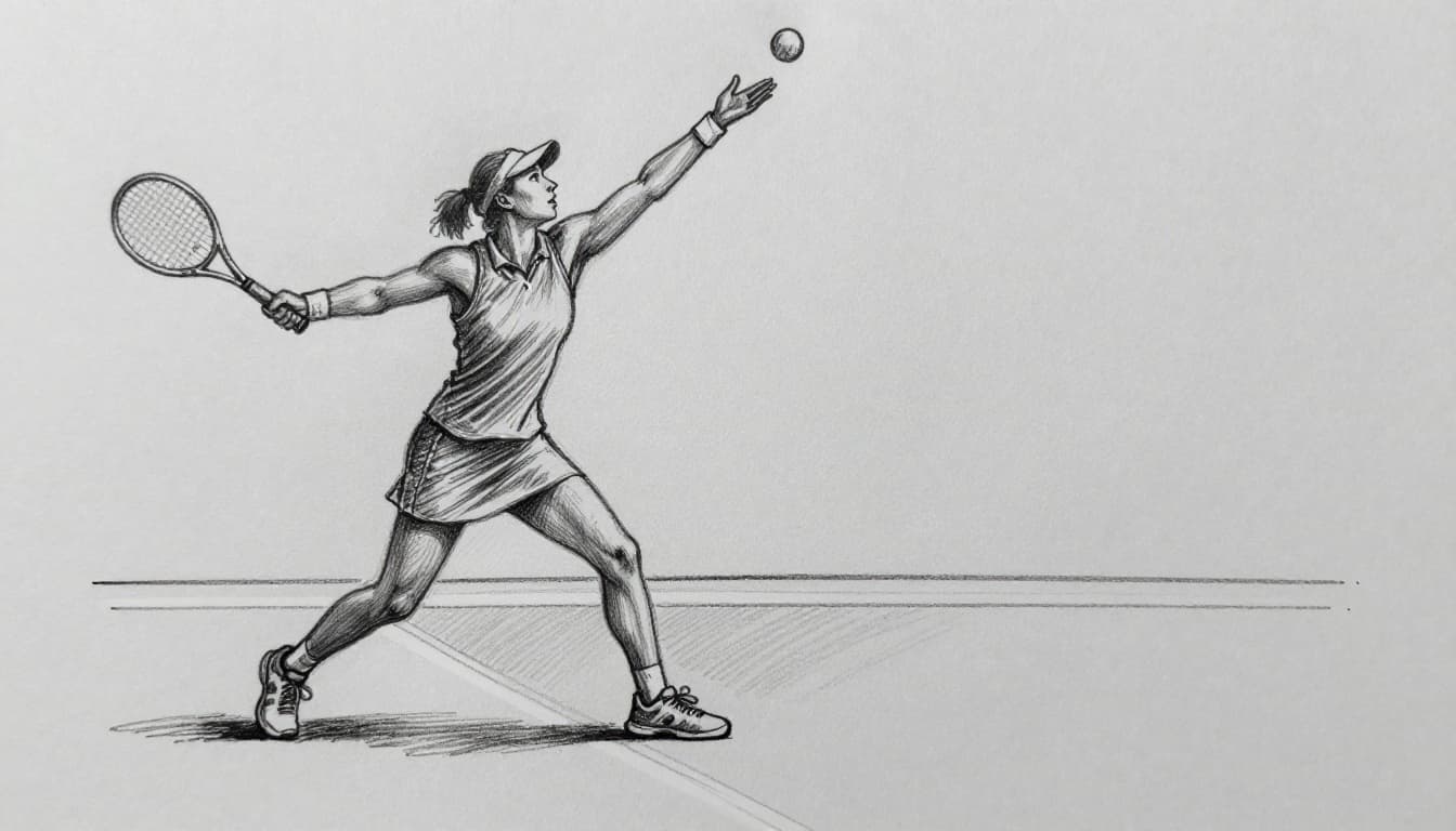 Hand-drawn graphite sketch of a tennis player in focused stance on the service line, serving with continental grip, high ball toss, and body pronation mid-motion on light gray paper background.