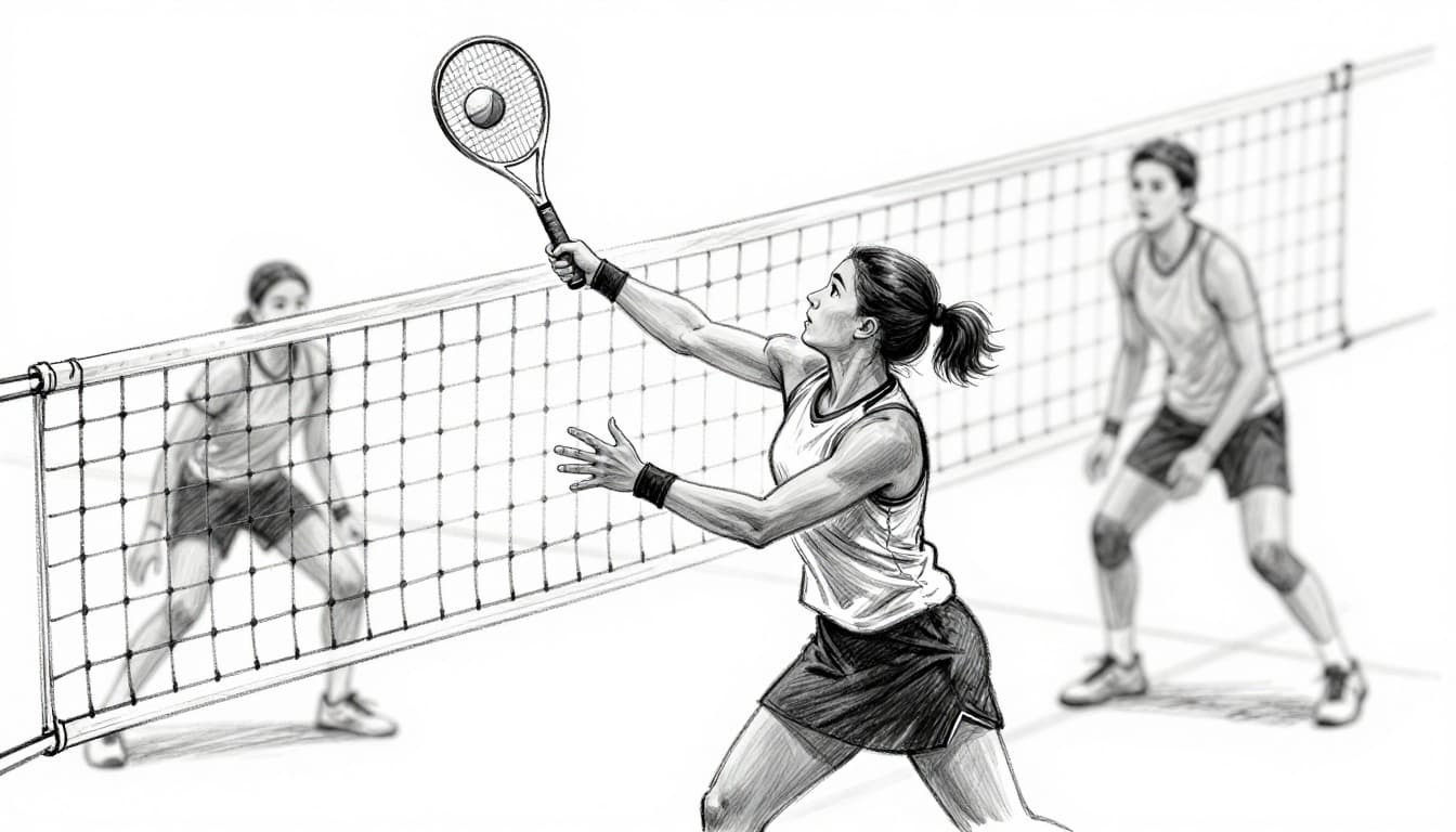 Hand-drawn graphite sketch of a tennis player executing a short punch volley at the net, stepping in with racket forward, close-up on action with blurred opponent in background on clean white paper.