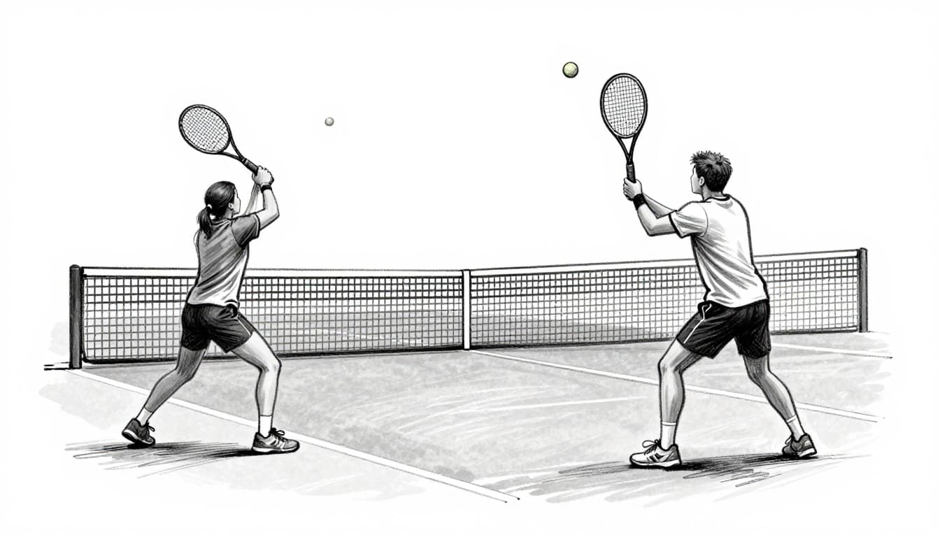 Hand-drawn graphite sketch of two tennis players in a controlled rally, one executing a forehand and the other a backhand, with balls arcing high over the net on an outdoor hard court.