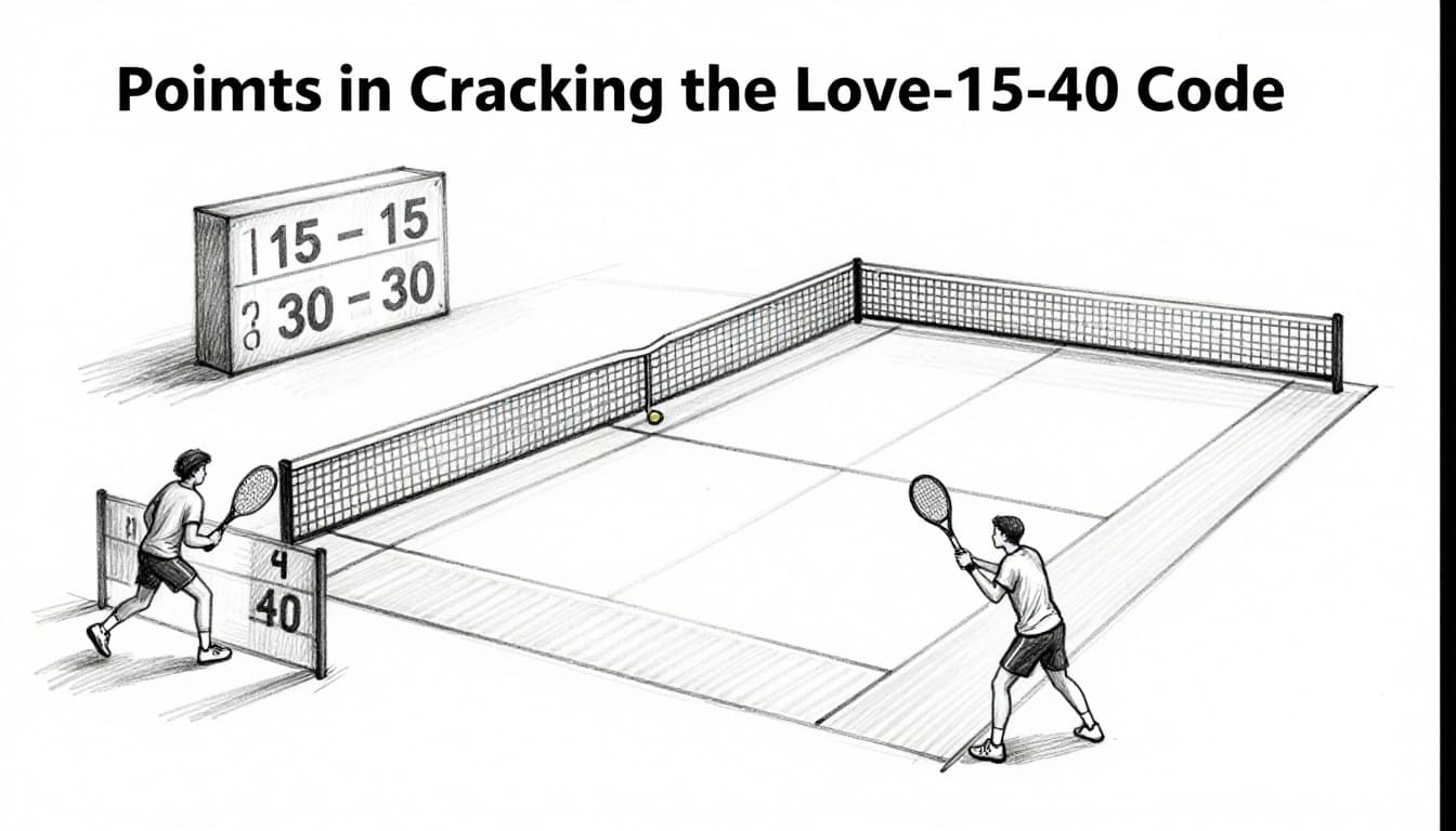 Hand-drawn graphite sketch on white paper showing a tennis scoreboard with score progression from love-love to 40-30, simple court and two players in background.