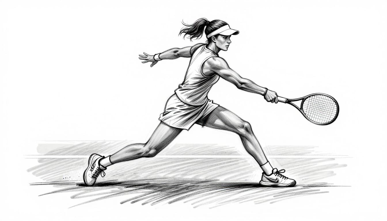 Hand-drawn sketch of a tennis player in mid-split step on a clay court, knees bent in ready position with arms outstretched for balance and athletic build. Dynamic action frozen in graphite linework with light shading on clean white paper background.