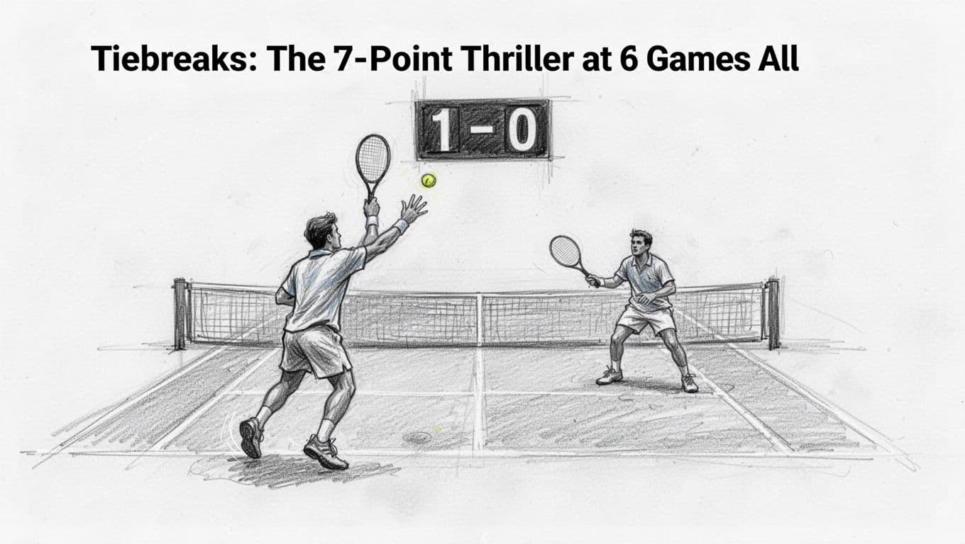Hand-drawn sketch in graphite linework with light shading on white paper background, depicting a tennis player serving the first point of a tiebreak with scoreboard at 1-0.