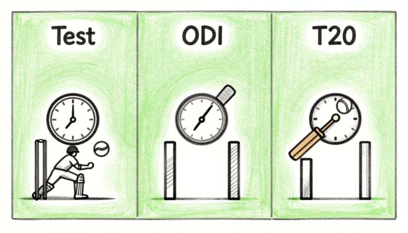 Hand-drawn split sketch showing Test cricket (long multi-day play), ODI (one-day 50 overs), and T20 (fast 20-over hits) with icons on cricket field background, graphite linework and light shading.