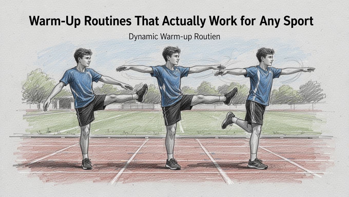 Side view of three young athletes on a sunny outdoor track performing dynamic warm-up exercises like leg swings and arm circles, in hand-drawn graphite sketch style with light shading on light gray paper.