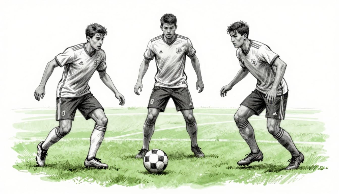 Hand-drawn sketch of three soccer midfielders in formation controlling play on a green field, with one player passing the ball in the central area, balanced composition, graphite linework and light shading on light gray paper.