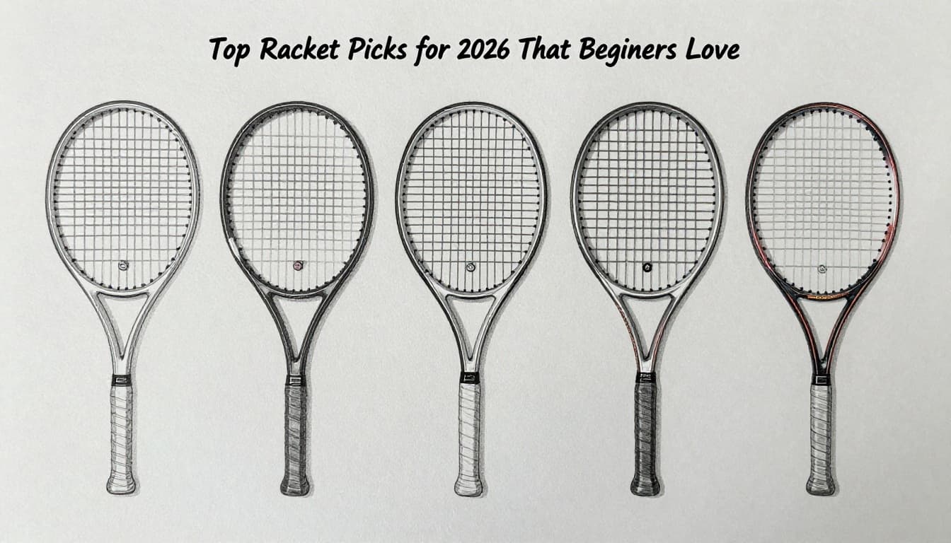 Hand-drawn graphite sketch lineup of five beginner tennis rackets: Head Ti.S6, Babolat Boost, Prince O3 Legacy 120, Wilson Ultra 100L, and Head Ti.S5 CZ, arranged horizontally on light gray paper with light shading and consistent linework.