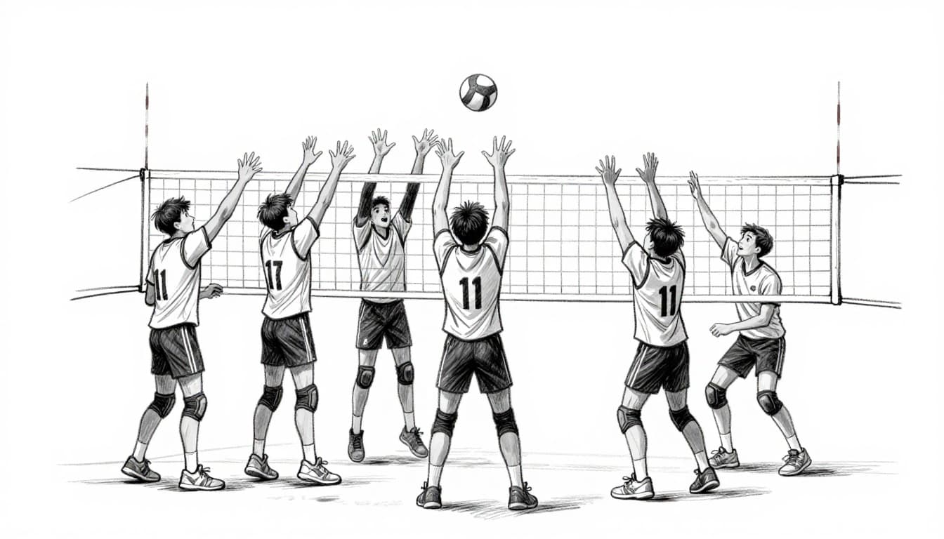 Hand-drawn sketch depicting a dynamic volleyball rally sequence featuring bump, set, and spike by three players on one team against blocking opponents, in side view with graphite linework and light shading on white background.