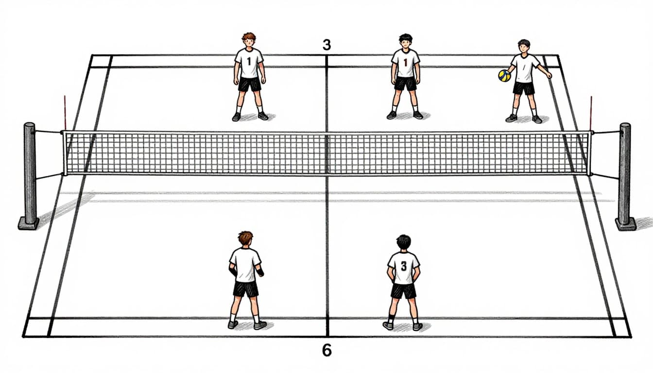 Top-down hand-drawn sketch of an indoor volleyball court diagram showing six player positions numbered 1 to 6 in clockwise rotation, with net dividing front and back rows, clean lines on white paper background.