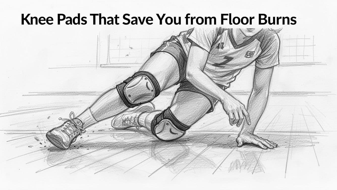 Hand-drawn graphite sketch of volleyball knee pads on a player's bent knees during a court dive, focusing on padding and fit to protect from floor burns.