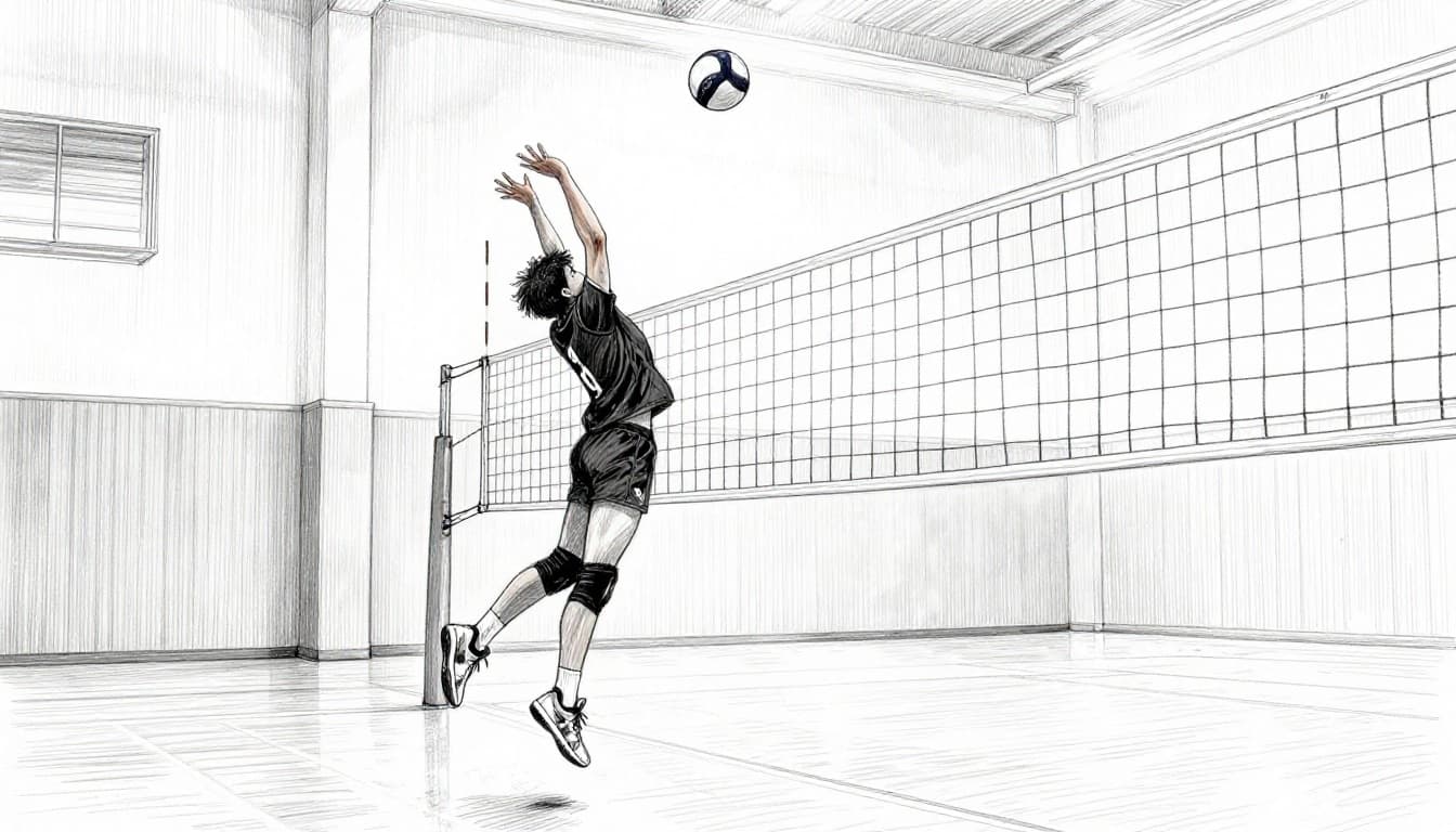 Dynamic hand-drawn sketch of a tall volleyball middle blocker jumping high at the net to block an opponent's spike, captured from a side angle on an indoor court with graphite linework and light shading.