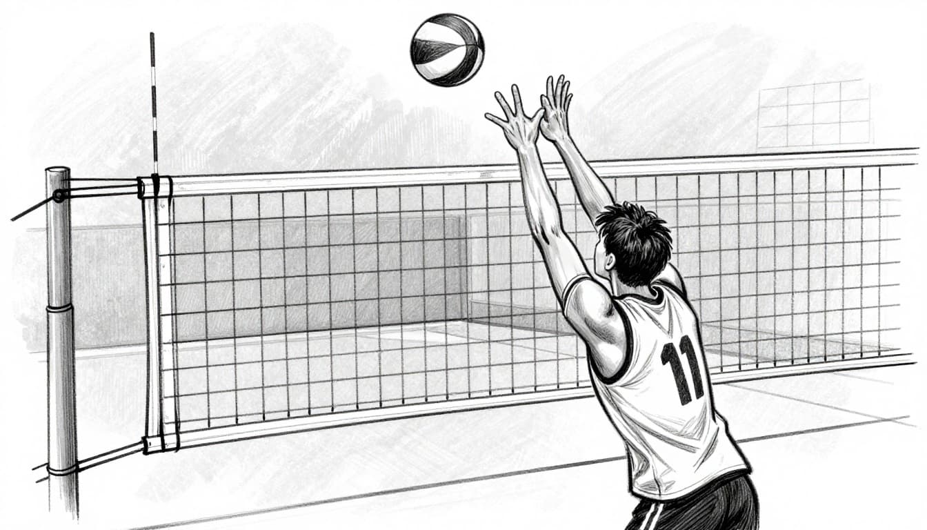 Hand-drawn sketch of a volleyball player in back-right position mid-motion preparing an overhand serve behind the end line, ball in hand, side view with relaxed stance and visible court. Graphite linework with light shading on clean light gray paper background.