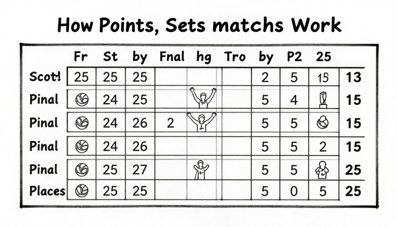 Hand-drawn sketch of a volleyball court side view with prominent scoreboard showing sets to 25 points win by 2 final set 15, and exactly six players excitedly celebrating a scored point. Clean graphite linework with light shading on white background, focused on match excitement.