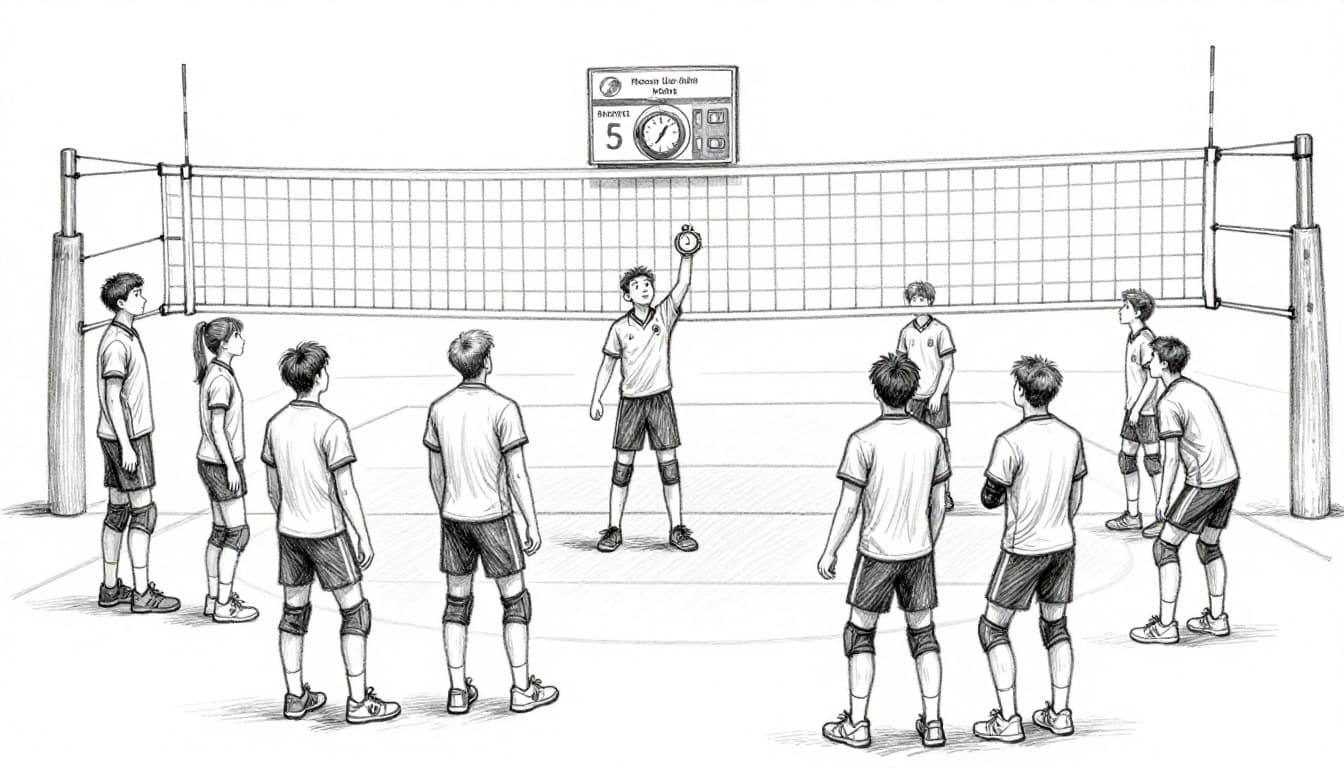 Hand-drawn graphite sketch of volleyball referees holding a stopwatch for the serve clock, with players waiting and a tied scoreboard in a simple gym.