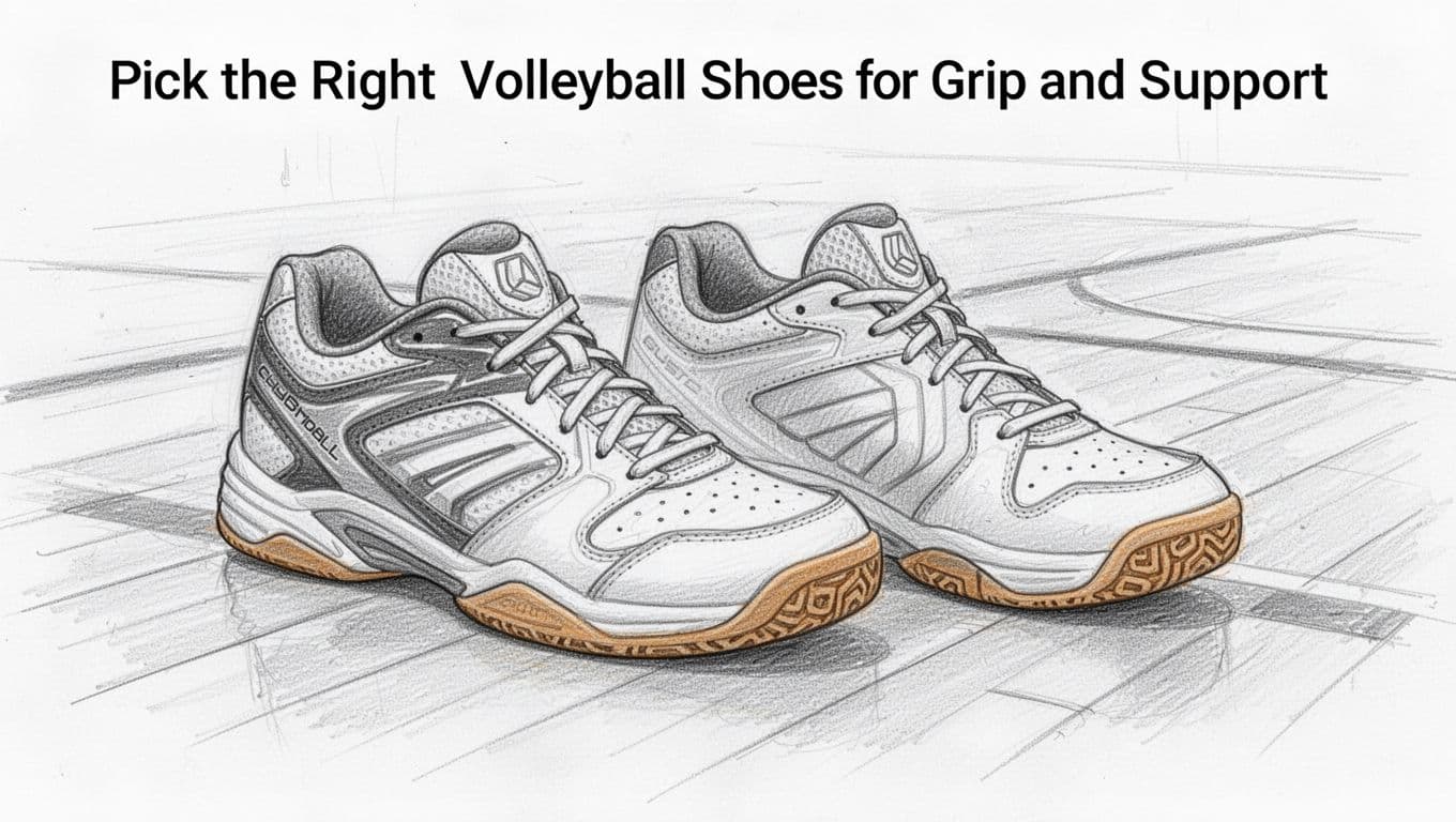 Hand-drawn graphite linework sketch with light shading on white paper: a pair of volleyball shoes with gum rubber soles, shown from side and front angles on a gym floor, highlighting grip and ankle support features.