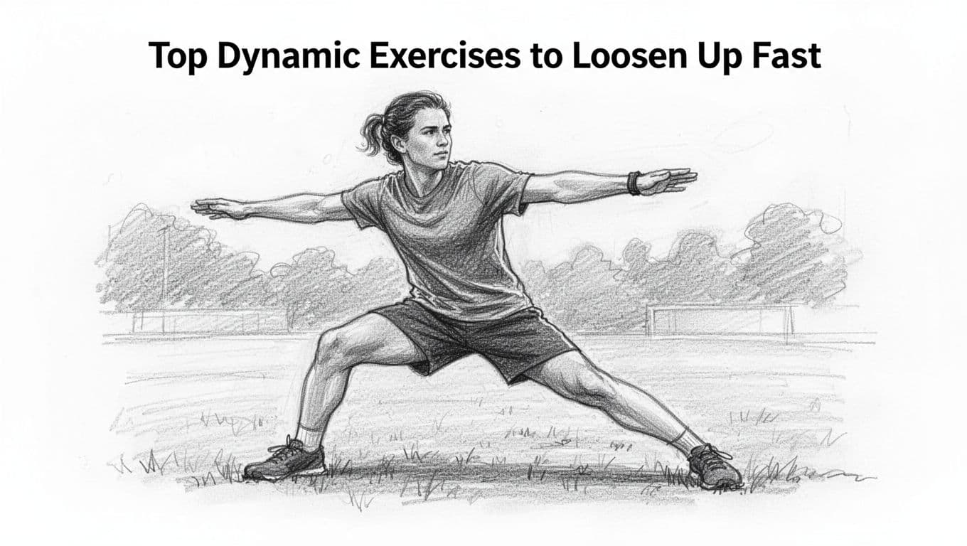 Hand-drawn graphite sketch of a single athlete performing the World's Greatest Stretch lunge with twist on a field, front three-quarter view, light shading, clean white background, soft outdoor light.