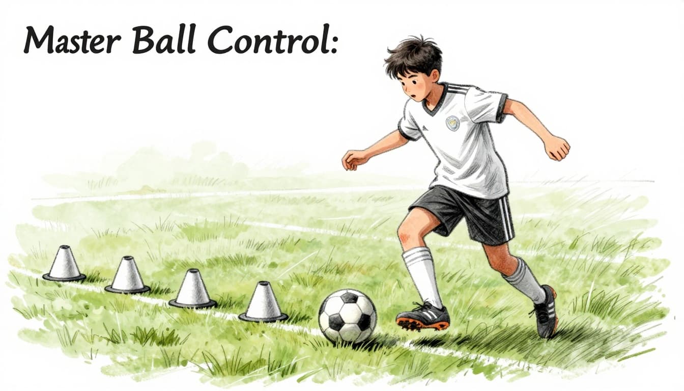 Hand-drawn sketch of a young soccer player in a low stance dribbling a ball through five cones spaced two feet apart on a grassy field, head up looking forward with small touches using the inside of the right foot. Dynamic side-angle close-up action composition illustrating beginner ball control technique.